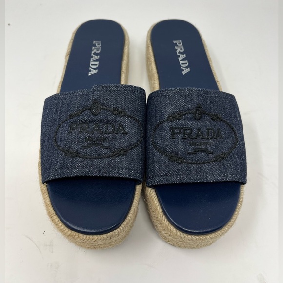 Prada Denim Blue Logo Platform Leather Espadrille Slide Sandal Mule Size 39.5 - Picture 1 of 5